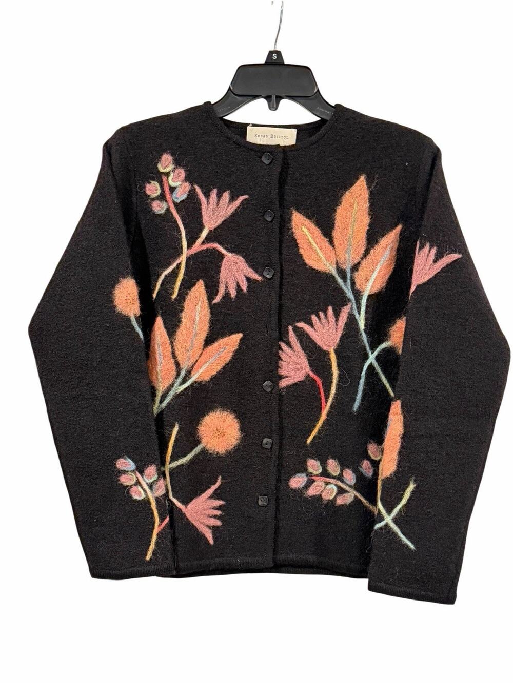 Susan Bristol Black Wool Buttoned Cardigan SZ S Floral Botanical Cottage Vintage